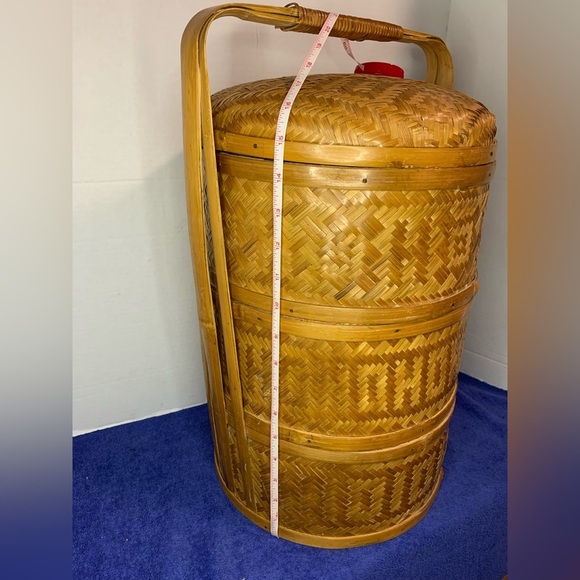 Vintage Chinese 3 Tier Wedding Basket Stacking Bamboo Rattan Woven Cane - Picture 7 of 9